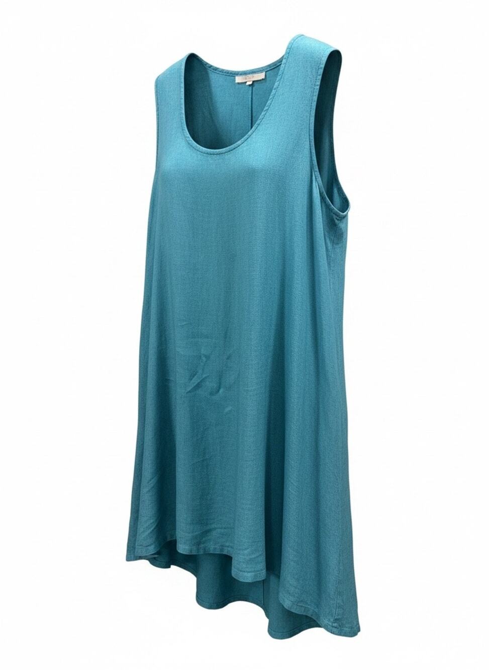 Bryn Walker Linen Teal Dress Large L Made in USA Shift Lagenlook Avant Garde EUC